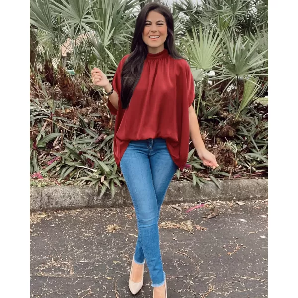 imageBTFBM Women Mock Neck Batwing Short Sleeve Summer Tops 2023 Spring Loose High Low Hem Casual Oversize Blouses Shirts TopSolid Red