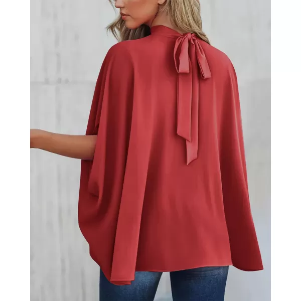 imageBTFBM Women Mock Neck Batwing Short Sleeve Summer Tops 2023 Spring Loose High Low Hem Casual Oversize Blouses Shirts TopSolid Red