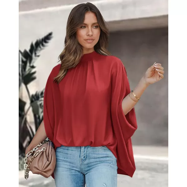 imageBTFBM Women Mock Neck Batwing Short Sleeve Summer Tops 2023 Spring Loose High Low Hem Casual Oversize Blouses Shirts TopSolid Red
