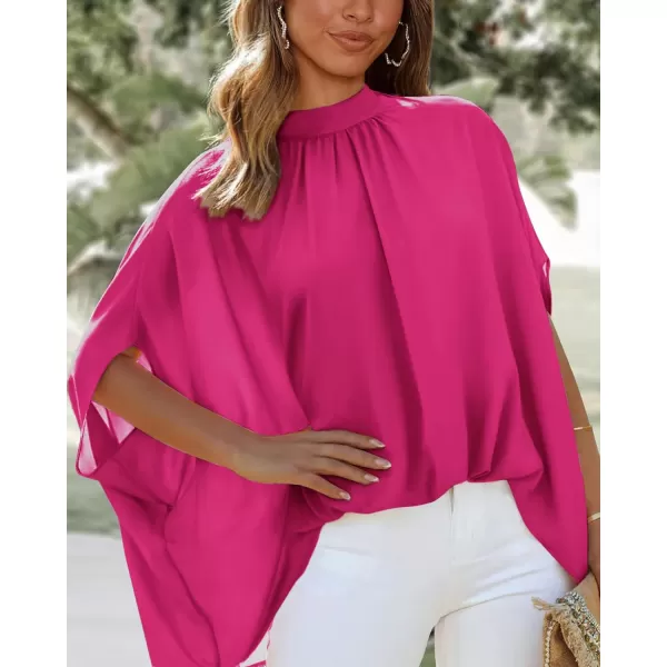 imageBTFBM Women Mock Neck Batwing Short Sleeve Summer Tops 2023 Spring Loose High Low Hem Casual Oversize Blouses Shirts TopSolid Rose Red
