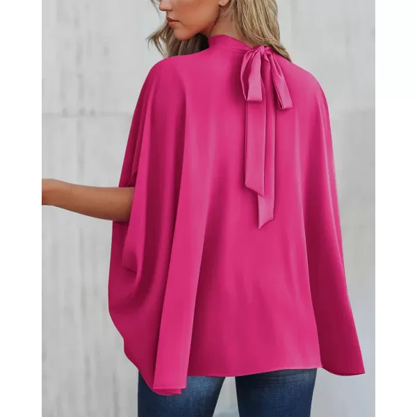 imageBTFBM Women Mock Neck Batwing Short Sleeve Summer Tops 2023 Spring Loose High Low Hem Casual Oversize Blouses Shirts TopSolid Rose Red