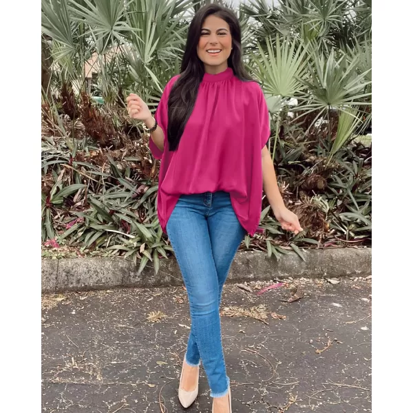 imageBTFBM Women Mock Neck Batwing Short Sleeve Summer Tops 2023 Spring Loose High Low Hem Casual Oversize Blouses Shirts TopSolid Rose Red