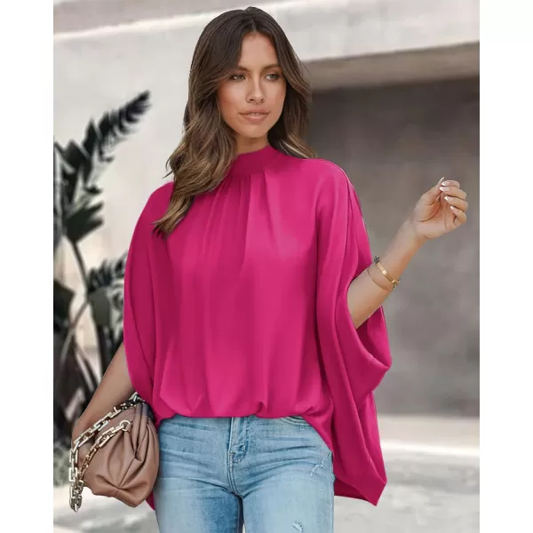 imageBTFBM Women Mock Neck Batwing Short Sleeve Summer Tops 2023 Spring Loose High Low Hem Casual Oversize Blouses Shirts TopSolid Rose Red