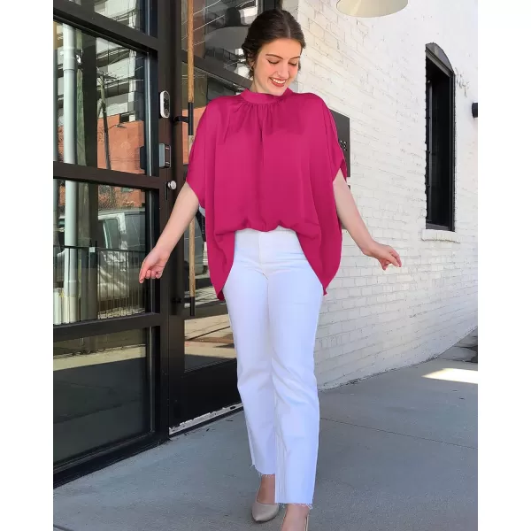 imageBTFBM Women Mock Neck Batwing Short Sleeve Summer Tops 2023 Spring Loose High Low Hem Casual Oversize Blouses Shirts TopSolid Rose Red
