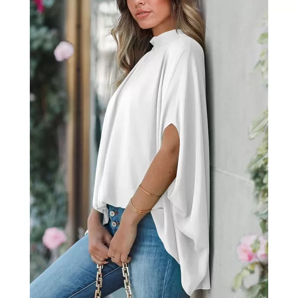 imageBTFBM Women Mock Neck Batwing Short Sleeve Summer Tops 2023 Spring Loose High Low Hem Casual Oversize Blouses Shirts TopSolid White