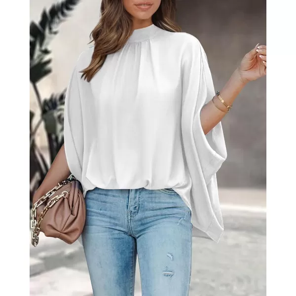 imageBTFBM Women Mock Neck Batwing Short Sleeve Summer Tops 2023 Spring Loose High Low Hem Casual Oversize Blouses Shirts TopSolid White