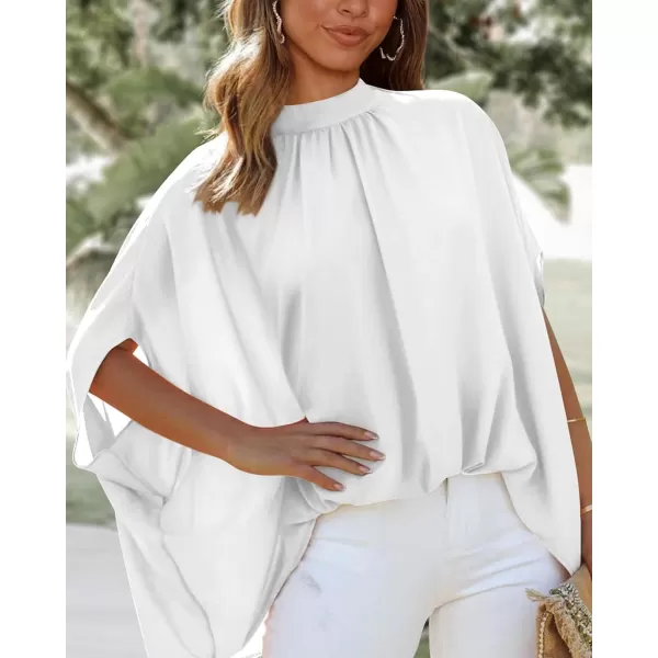 imageBTFBM Women Mock Neck Batwing Short Sleeve Summer Tops 2023 Spring Loose High Low Hem Casual Oversize Blouses Shirts TopSolid White