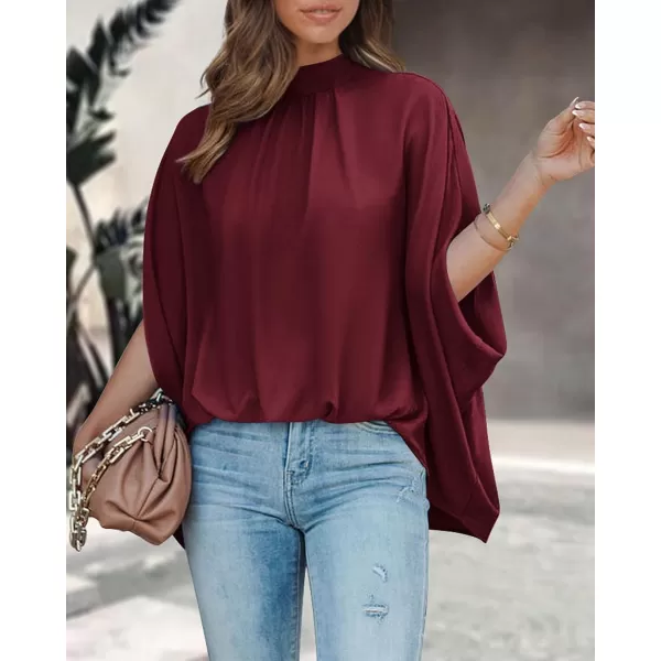 imageBTFBM Women Mock Neck Batwing Short Sleeve Summer Tops 2023 Spring Loose High Low Hem Casual Oversize Blouses Shirts TopSolid Wine Red