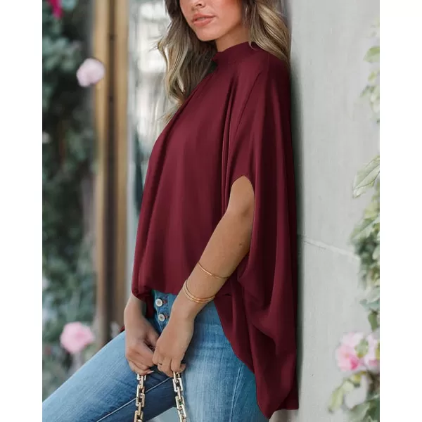 imageBTFBM Women Mock Neck Batwing Short Sleeve Summer Tops 2023 Spring Loose High Low Hem Casual Oversize Blouses Shirts TopSolid Wine Red