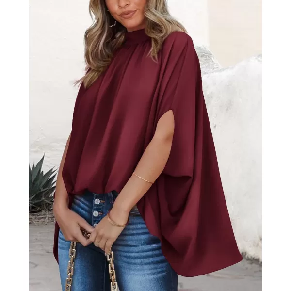 imageBTFBM Women Mock Neck Batwing Short Sleeve Summer Tops 2023 Spring Loose High Low Hem Casual Oversize Blouses Shirts TopSolid Wine Red