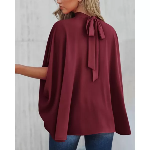imageBTFBM Women Mock Neck Batwing Short Sleeve Summer Tops 2023 Spring Loose High Low Hem Casual Oversize Blouses Shirts TopSolid Wine Red