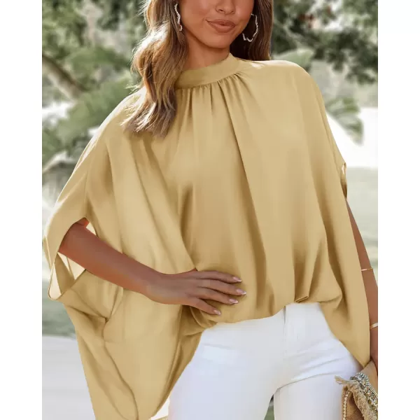 imageBTFBM Women Mock Neck Batwing Short Sleeve Summer Tops 2023 Spring Loose High Low Hem Casual Oversize Blouses Shirts TopSolid Yellow