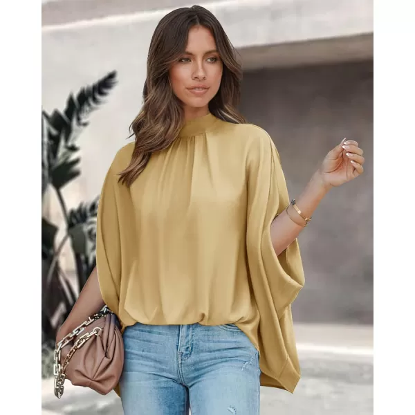 imageBTFBM Women Mock Neck Batwing Short Sleeve Summer Tops 2023 Spring Loose High Low Hem Casual Oversize Blouses Shirts TopSolid Yellow