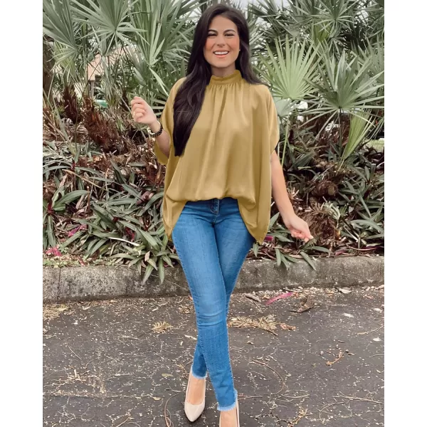 imageBTFBM Women Mock Neck Batwing Short Sleeve Summer Tops 2023 Spring Loose High Low Hem Casual Oversize Blouses Shirts TopSolid Yellow
