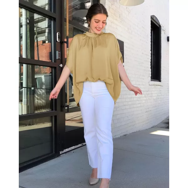 imageBTFBM Women Mock Neck Batwing Short Sleeve Summer Tops 2023 Spring Loose High Low Hem Casual Oversize Blouses Shirts TopSolid Yellow