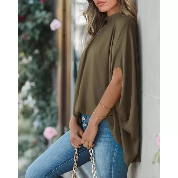 imageBTFBM Women Mock Neck Batwing Short Sleeve Summer Tops 2024 Spring Loose High Low Hem Casual Oversize Blouses Shirts TopSolid Army Green