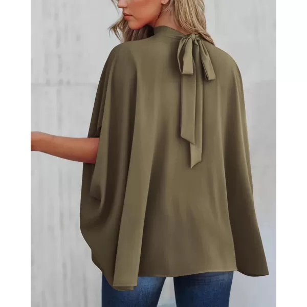 imageBTFBM Women Mock Neck Batwing Short Sleeve Summer Tops 2024 Spring Loose High Low Hem Casual Oversize Blouses Shirts TopSolid Army Green