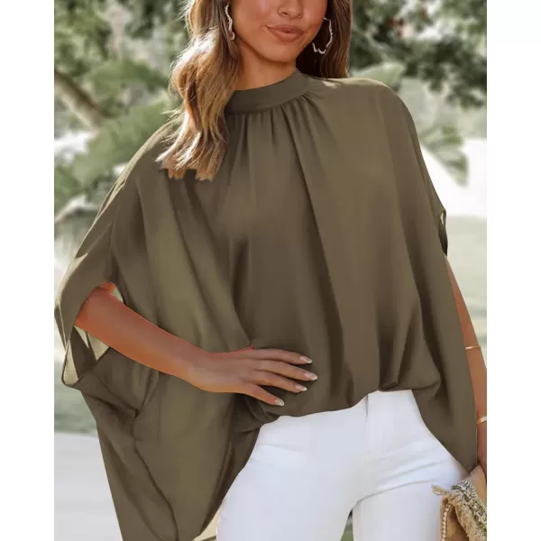 imageBTFBM Women Mock Neck Batwing Short Sleeve Summer Tops 2024 Spring Loose High Low Hem Casual Oversize Blouses Shirts TopSolid Army Green