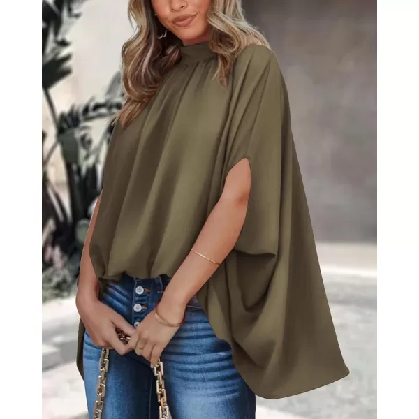 imageBTFBM Women Mock Neck Batwing Short Sleeve Summer Tops 2024 Spring Loose High Low Hem Casual Oversize Blouses Shirts TopSolid Army Green