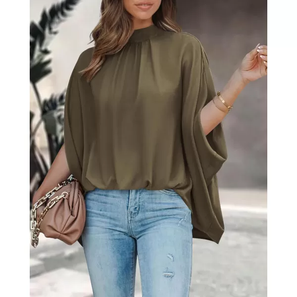 imageBTFBM Women Mock Neck Batwing Short Sleeve Summer Tops 2024 Spring Loose High Low Hem Casual Oversize Blouses Shirts TopSolid Army Green