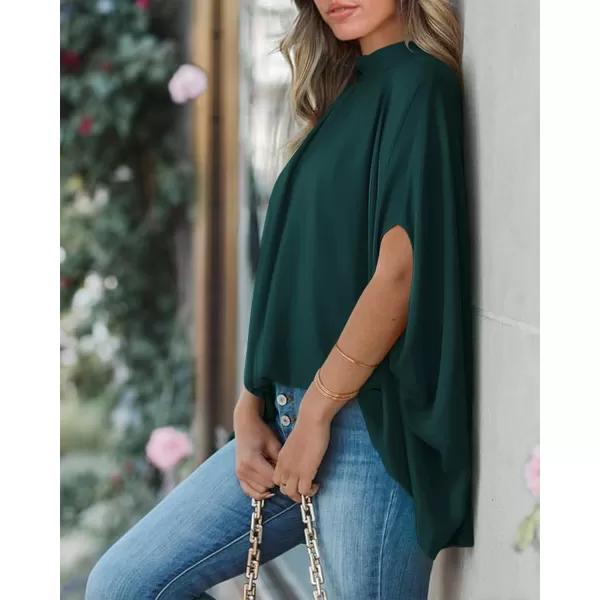imageBTFBM Women Mock Neck Batwing Short Sleeve Summer Tops 2024 Spring Loose High Low Hem Casual Oversize Blouses Shirts TopSolid Dark Green