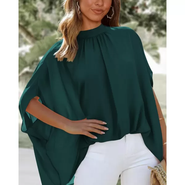 imageBTFBM Women Mock Neck Batwing Short Sleeve Summer Tops 2024 Spring Loose High Low Hem Casual Oversize Blouses Shirts TopSolid Dark Green