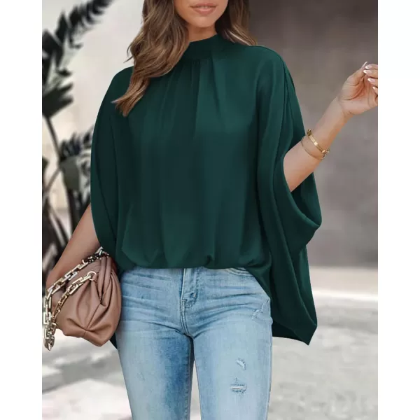 imageBTFBM Women Mock Neck Batwing Short Sleeve Summer Tops 2024 Spring Loose High Low Hem Casual Oversize Blouses Shirts TopSolid Dark Green