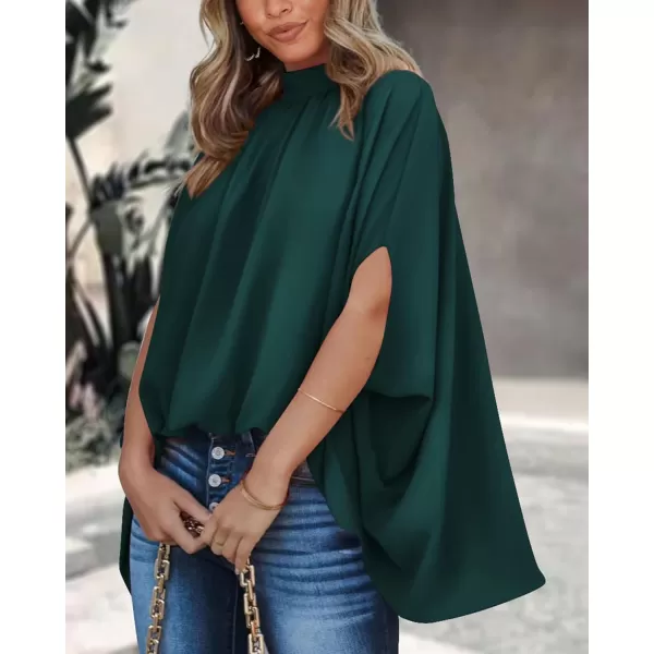 imageBTFBM Women Mock Neck Batwing Short Sleeve Summer Tops 2024 Spring Loose High Low Hem Casual Oversize Blouses Shirts TopSolid Dark Green
