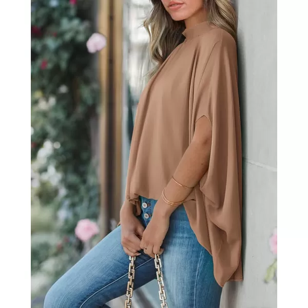 imageBTFBM Women Mock Neck Batwing Short Sleeve Summer Tops 2024 Spring Loose High Low Hem Casual Oversize Blouses Shirts TopSolid Khaki