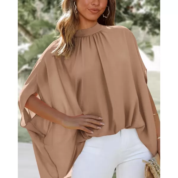 imageBTFBM Women Mock Neck Batwing Short Sleeve Summer Tops 2024 Spring Loose High Low Hem Casual Oversize Blouses Shirts TopSolid Khaki