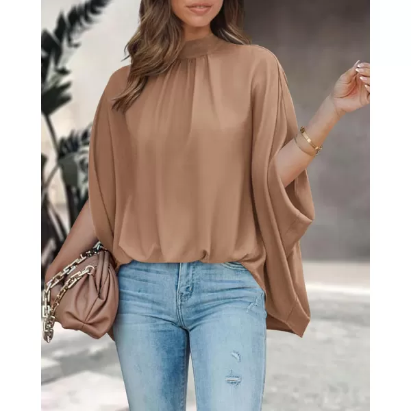 imageBTFBM Women Mock Neck Batwing Short Sleeve Summer Tops 2024 Spring Loose High Low Hem Casual Oversize Blouses Shirts TopSolid Khaki