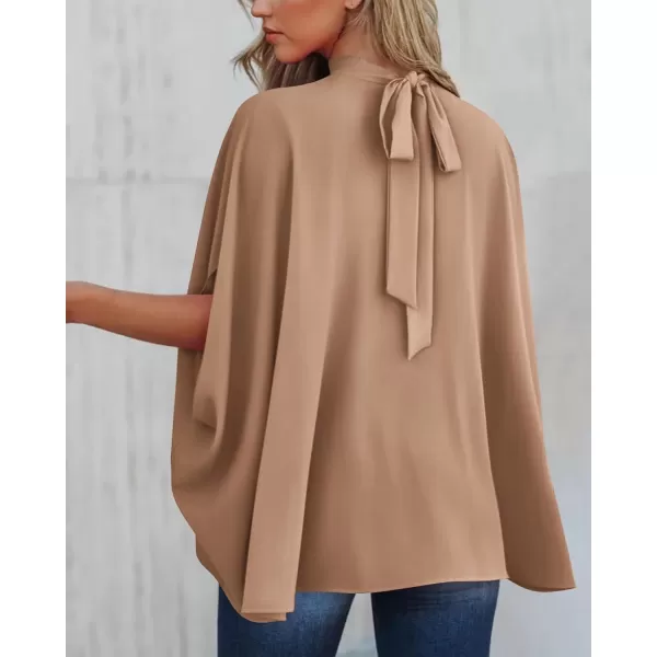 imageBTFBM Women Mock Neck Batwing Short Sleeve Summer Tops 2024 Spring Loose High Low Hem Casual Oversize Blouses Shirts TopSolid Khaki
