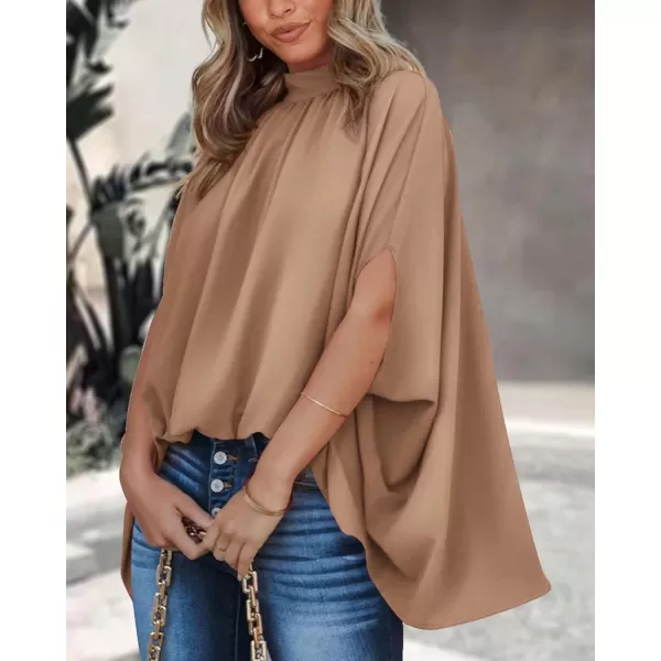 imageBTFBM Women Mock Neck Batwing Short Sleeve Summer Tops 2024 Spring Loose High Low Hem Casual Oversize Blouses Shirts TopSolid Khaki
