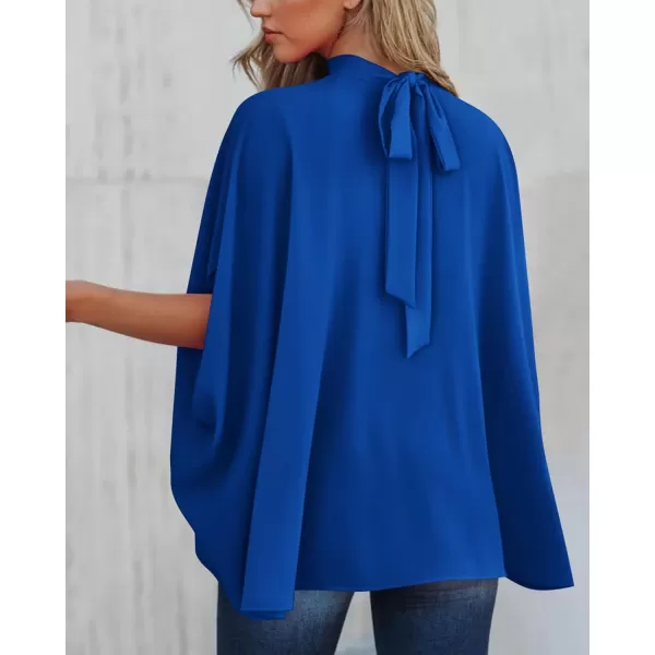 imageBTFBM Women Mock Neck Batwing Short Sleeve Summer Tops 2024 Spring Loose High Low Hem Casual Oversize Blouses Shirts TopSolid Royal Blue