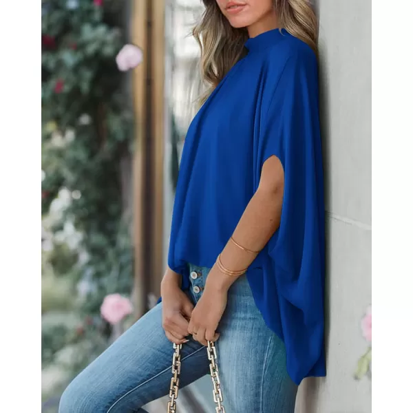 imageBTFBM Women Mock Neck Batwing Short Sleeve Summer Tops 2024 Spring Loose High Low Hem Casual Oversize Blouses Shirts TopSolid Royal Blue