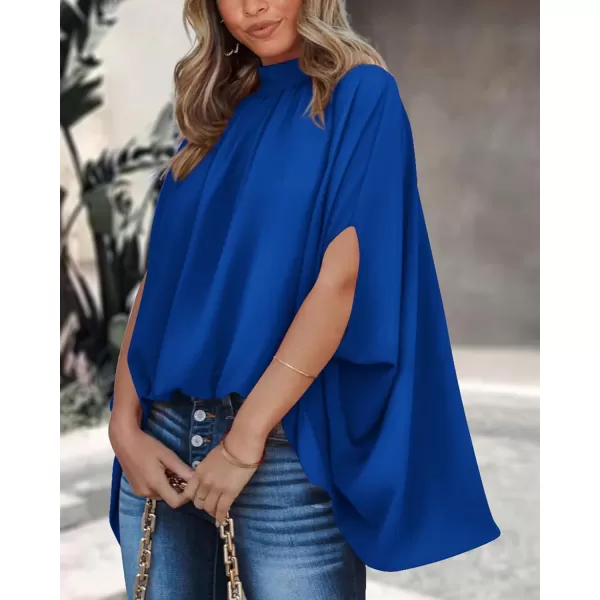 imageBTFBM Women Mock Neck Batwing Short Sleeve Summer Tops 2024 Spring Loose High Low Hem Casual Oversize Blouses Shirts TopSolid Royal Blue