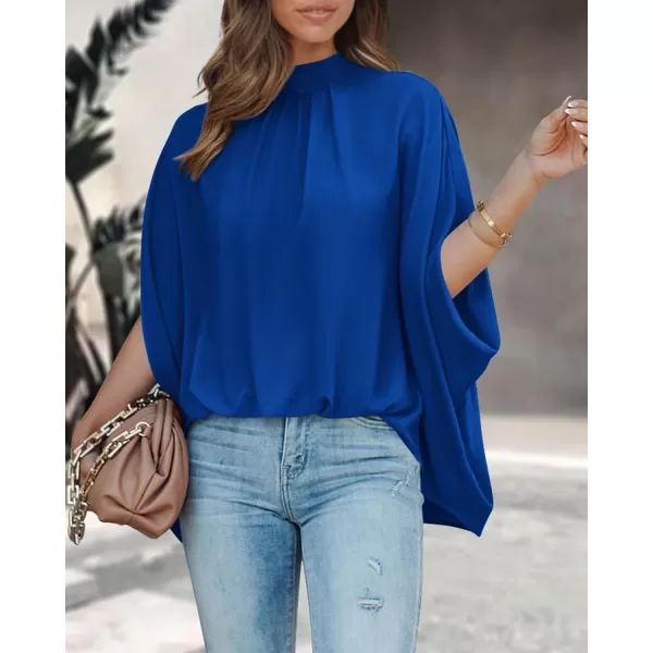 imageBTFBM Women Mock Neck Batwing Short Sleeve Summer Tops 2024 Spring Loose High Low Hem Casual Oversize Blouses Shirts TopSolid Royal Blue