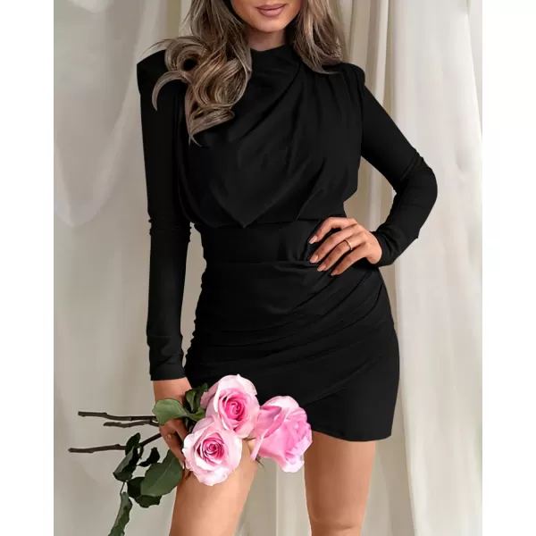 imageBTFBM Women Mock Neck Long Sleeve Wrap Bodycon Dresses Summer Fall Ruched Elastic Waist Cocktail Party Club Mini DressSolid Black