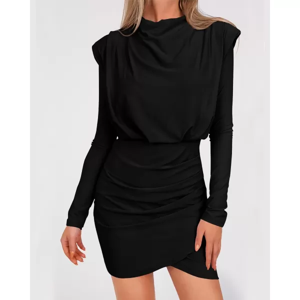 imageBTFBM Women Mock Neck Long Sleeve Wrap Bodycon Dresses Summer Fall Ruched Elastic Waist Cocktail Party Club Mini DressSolid Black