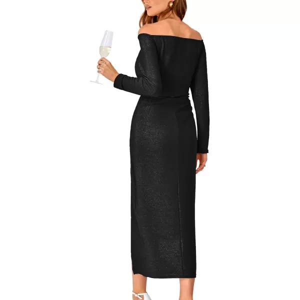 imageBTFBM Women Off Shoulder Bodycon Dresses Long Sleeve Ruched Slit Glitter Ball Gown Cocktail Party Evening Maxi DressShiny Black