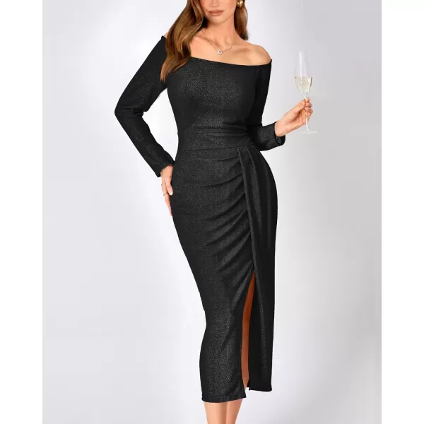 imageBTFBM Women Off Shoulder Bodycon Dresses Long Sleeve Ruched Slit Glitter Ball Gown Cocktail Party Evening Maxi DressShiny Black