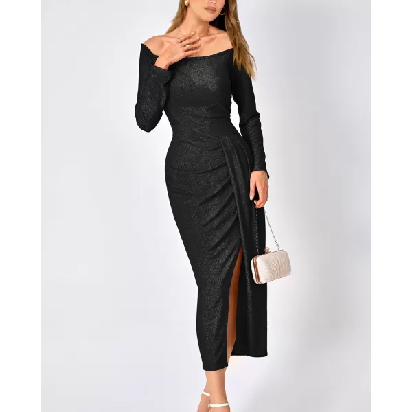 imageBTFBM Women Off Shoulder Bodycon Dresses Long Sleeve Ruched Slit Glitter Ball Gown Cocktail Party Evening Maxi DressShiny Black