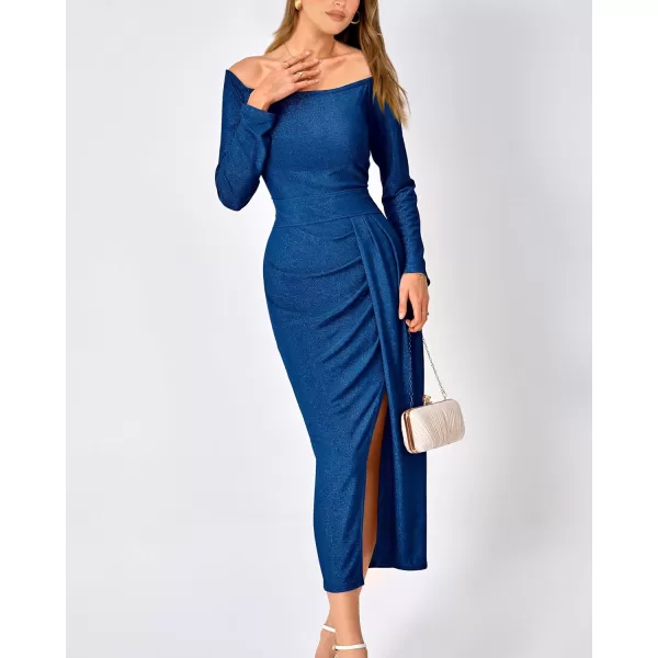 imageBTFBM Women Off Shoulder Bodycon Dresses Long Sleeve Ruched Slit Glitter Ball Gown Cocktail Party Evening Maxi DressShiny Blue