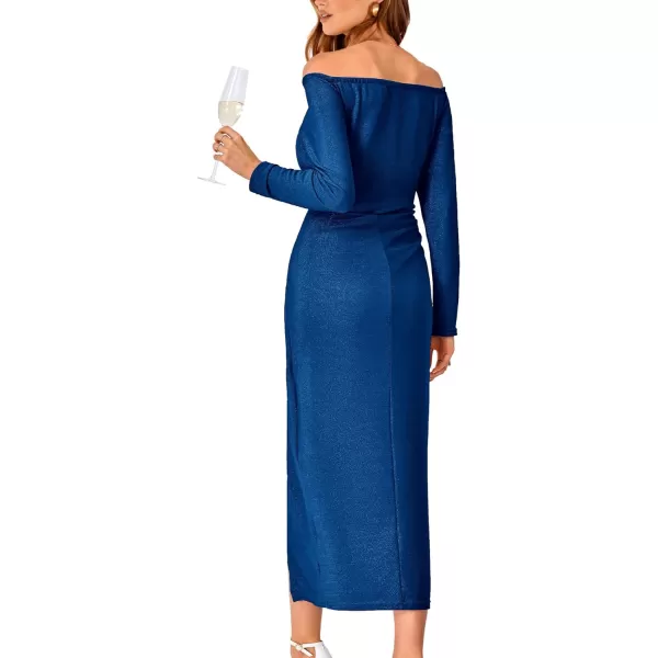 imageBTFBM Women Off Shoulder Bodycon Dresses Long Sleeve Ruched Slit Glitter Ball Gown Cocktail Party Evening Maxi DressShiny Blue