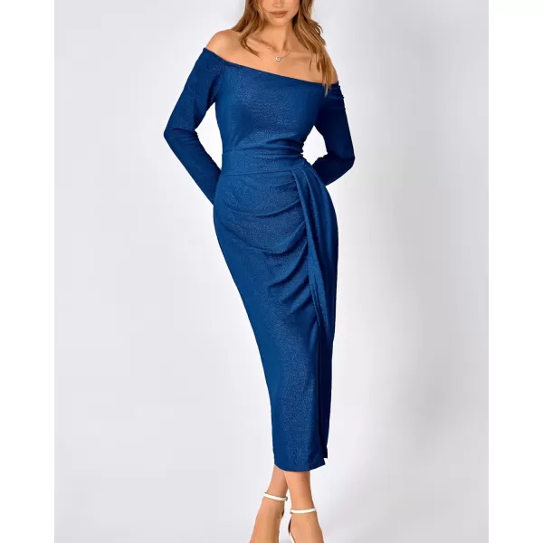 imageBTFBM Women Off Shoulder Bodycon Dresses Long Sleeve Ruched Slit Glitter Ball Gown Cocktail Party Evening Maxi DressShiny Blue
