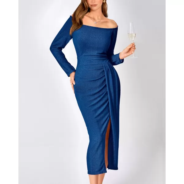 imageBTFBM Women Off Shoulder Bodycon Dresses Long Sleeve Ruched Slit Glitter Ball Gown Cocktail Party Evening Maxi DressShiny Blue