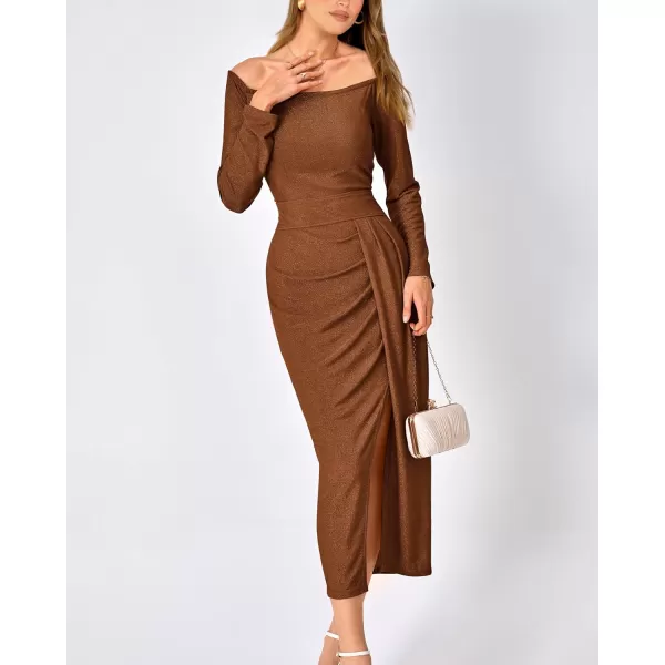 imageBTFBM Women Off Shoulder Bodycon Dresses Long Sleeve Ruched Slit Glitter Ball Gown Cocktail Party Evening Maxi DressShiny Brown