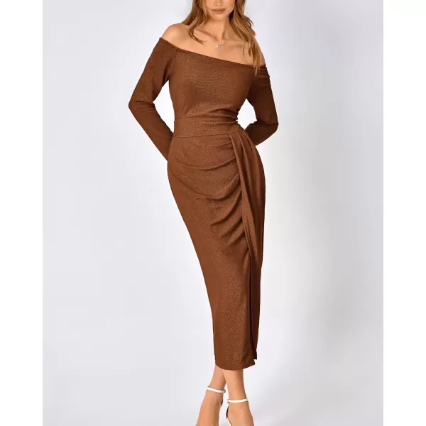 imageBTFBM Women Off Shoulder Bodycon Dresses Long Sleeve Ruched Slit Glitter Ball Gown Cocktail Party Evening Maxi DressShiny Brown