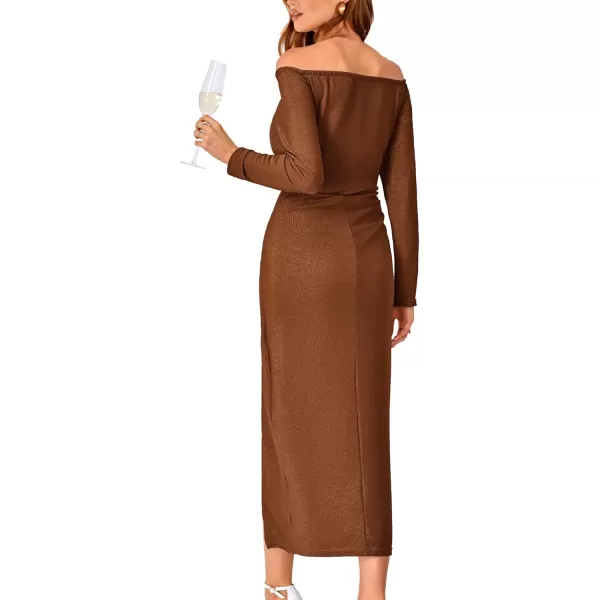 imageBTFBM Women Off Shoulder Bodycon Dresses Long Sleeve Ruched Slit Glitter Ball Gown Cocktail Party Evening Maxi DressShiny Brown