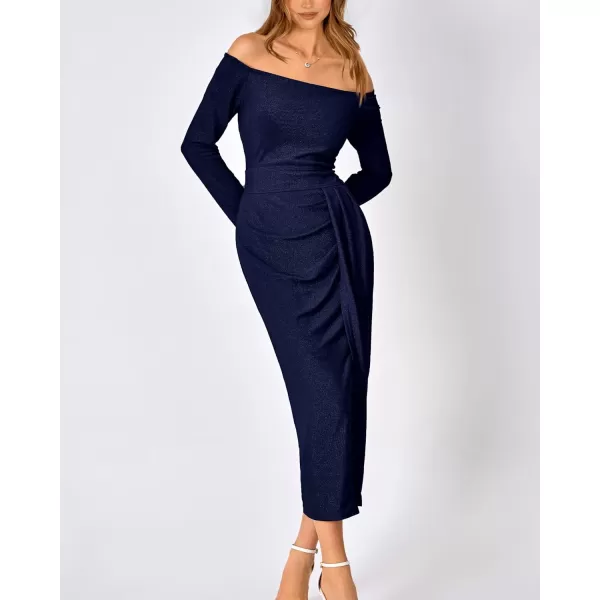 imageBTFBM Women Off Shoulder Bodycon Dresses Long Sleeve Ruched Slit Glitter Ball Gown Cocktail Party Evening Maxi DressShiny Dark Blue